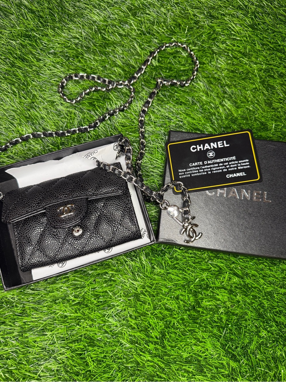 Black Quilted Mini Wallet-on-Chain with CC Charm